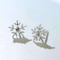 925純銀 雪花 天然白水晶 耳環耳針釘-銀 防抗過敏