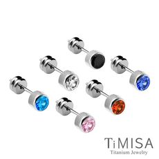 【TiMISA 純鈦飾品】極簡晶鑽(六色可選)純鈦耳針一對