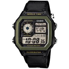 【CASIO 卡西歐】叢林野戰休閒數位帆布男錶-卡其黑(AE-1200WHB-1B)