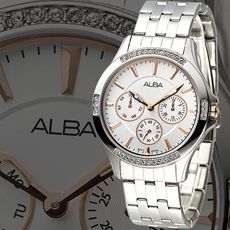 【ALBA】浪漫羅馬三眼晶鑽女錶-銀/玫瑰金刻(AP6217X1)