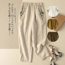夏季復古刺繡撞色口袋休閒九分褲(M-4XL)