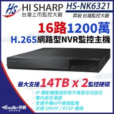 昇銳 HI-SHARP HS-NK6321  H.265 1200萬 16路 4K 雙硬碟 NVR