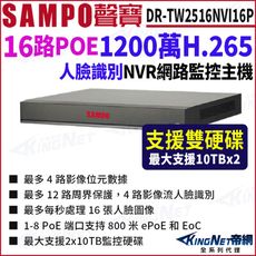 SAMPO聲寶 DR-TW2516NVI16P 16路 POE 1U 人臉辨識 雙硬碟 NVR 網路