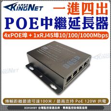 【KingNet帝網】千兆款 一進四出PoE中繼延長器 100米 10/100/1000Mbps