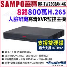 SAMPO聲寶 DR-TW2508AN-4K I3 8路 4K 800萬 人臉辨識 XVR 雙硬碟