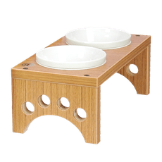 【MOMOCAT】雙口小型犬貓餐桌黃金柚木色附瓷碗 高11~17cm 可選擇高度