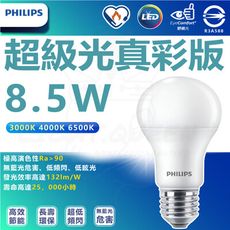 【Philips 飛利浦】 8.5W LED 超級光 真彩版 球泡燈 燈泡（白光/中性光/黃光)