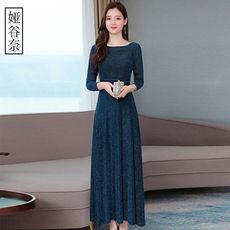 亮絲長袖連衣裙秋裝2019年新款貴夫人闊太太高貴洋氣顯瘦過膝裙子 -