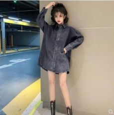 寬鬆翻領中長款收腰百搭小眾長袖牛仔襯衫外套