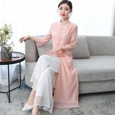 2020夏季新款中國風女裝文藝復古七分袖中式立領禪意茶服連衣裙女 -