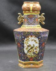 清雍正琺瑯彩地黃鳥語花香圖描金賞瓶