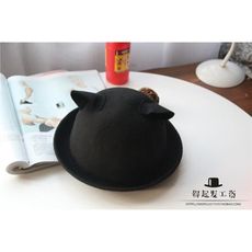 英倫爵士復古小禮帽韓版潮秋冬天可愛貓耳朵帽子女圓頂卷邊小頭圍1入 -