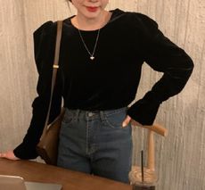 前後兩面穿繫帶絲絨喇叭袖上衣襯衫