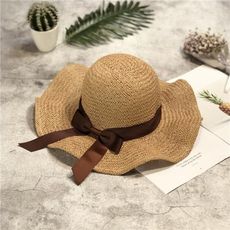 韓國夏天手鉤草編大檐蝴蝶結遮陽帽荷葉邊沙灘帽女款度假出游草帽1入 -
