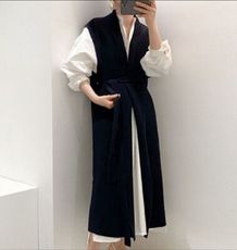 長款繫帶襯衫式連衣裙+針織衫長裙毛衣外套女兩件套