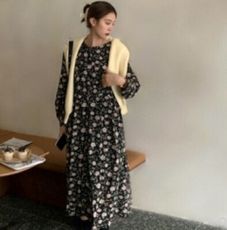 春款圓領長袖花朵印花連衣裙