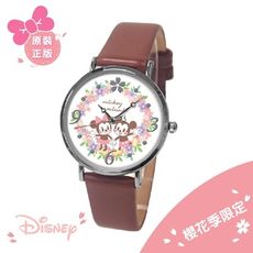 【Disney迪士尼】櫻花季浪漫米奇米妮皮帶手錶(正版授權)