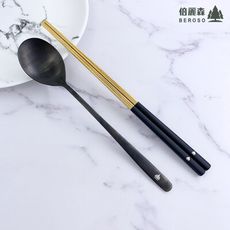 316不鏽鋼方筷子+湯匙餐具便攜組(霧黑金)