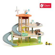 【德國 classic world 客來喜經典木玩】綠能立體升降停車塔/軌道停車塔(附直升機、小汽車