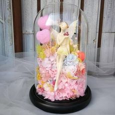 永生花巨型玻璃罩製作成品，粉色小仙女，尺寸15*25cm
