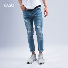 KASO【熱銷自訂款】彈力刷破錐形牛仔褲 牛仔長褲 男 丹寧 牛仔8801