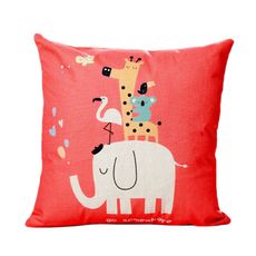 大象派對 卡通風棉麻抱枕(45×45cm) 繽紛樂園