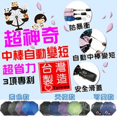 【雨傘達人★台灣製造★三合一專利中棒自動變短超省力】喵喵摩天輪三折安全自動傘(防暴衝設計開收不費力)