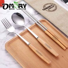 【OMORY】#304不鏽鋼日式木柄餐具組(附收納袋)