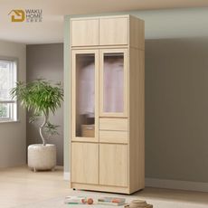 WAKUHOME 瓦酷家具Antony極簡北歐風白楓木2.7尺長虹玻璃衣櫃(四門雙開+被櫃)
