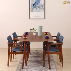 WAKUHOME瓦酷家具 Novi北歐時尚北美松木扶手椅(胡桃色+深藍色貓抓皮)B001-C301