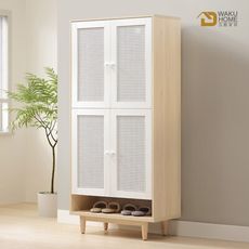 WAKUHOME 瓦酷家具Antony極簡北歐風白楓木2.7尺四門藤編高鞋櫃(透氣門設計)