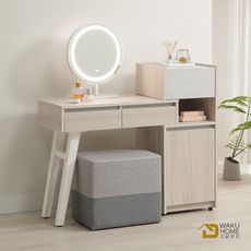 WAKUHOME 瓦酷家具Sunrice自然日系淺灰橡伸縮化妝台組(含椅+鏡)
