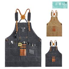 【喜番屋】過蠟帆布配頭層牛皮防潑水多口袋工作圍裙【LC14】