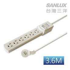 SANLUX台灣三洋 3孔6座單切12尺平貼式安全延長線3.6M-SYPW-361C