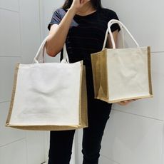 亞麻袋 覆膜手提袋 彩繪 (橫式小號-空白袋) 防潑水 LOGO 客製化 無印同款 環保袋 購物袋