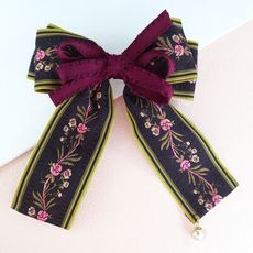 【PinkyPinky Boutique】復古刺繡花朵蝴蝶結髮夾 ＊黑色 ＊