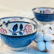日式碗 手工復古藍玫瑰 日本碗 4吋碗 小碗 飯碗 湯碗 麵碗
