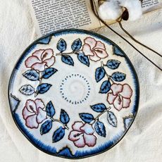 日式碗 手工復古藍玫瑰 日本碗 8吋湯盤 盤子 平盤 淺盤 湯盤