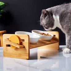 實木可調整高度陶瓷碗 (雙碗架)1入組