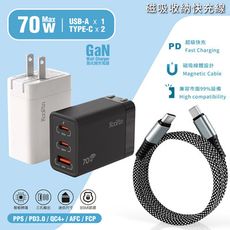 限時免運優惠【KooPin】70W氮化鎵快速充電器+雙頭Type-C 磁吸收納快充線