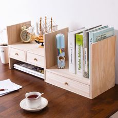 日式實木 桌上伸縮抽屜書架 層架 置物架 桌上收納架