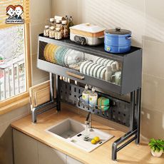可伸縮瀝川雙層帶門碗盤瀝水儲物櫃置物架(OH-K304)