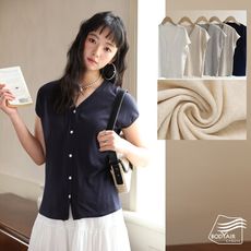 【BODYAIR嚴選】V領鈕釦衫天絲亞麻短袖上衣(T恤.透氣.鬆軟.針織.外套.CASUAL)