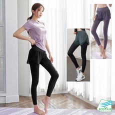 【BODYAIR】假兩件透紗長腿感九分褲(瑜珈.運動.慢跑.透氣.舞蹈.運動褲)