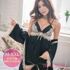 【蜜絲朵】冬季童話 歐單睫毛蕾絲中大尺碼睡衣罩衫睡袍三件套組M-XXL2色P046