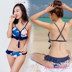 【蜜絲朵】里昂風情 韓版甜美深V美背荷葉邊泳裝比基尼W018