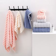 雲朵條珊瑚絨沐浴三件套(毛巾+浴巾+乾髮巾) 浴巾 毛巾 吸水浴巾 珊瑚絨毛巾 椰椰奶條浴巾