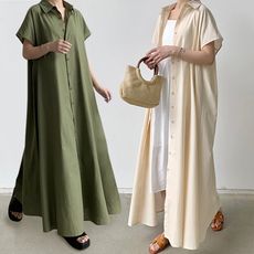 大尺碼棉麻寬鬆連衣襯衫 4色(S-2XL任選) 連衣裙 復古長裙 長洋裝 棉麻裙 休閒洋裝