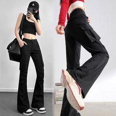 輕薄軟款冰絲微喇叭工裝褲 黑色(M-XL) 工作褲 口袋褲
