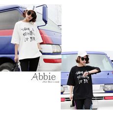 【Abbie】韓款彈性字母寬鬆舒適圓領短袖棉T